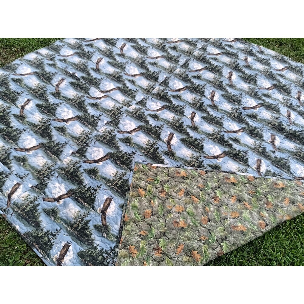 Homemade Eagle Woodland Quilt 94x95 Tree Applique Cabin Lodge Full/Queen Blanket
